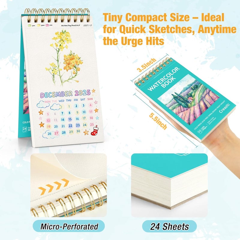 Creazic Small Watercolor Sketchbook, 3.5" x5.5”(140lb/300g), Spiral Bound with Tear Line. Artist Water Color Paper, Portable Travel Notebook for Watercolor or Quick Sketch - Ideal for Kids & Adults - Image 2
